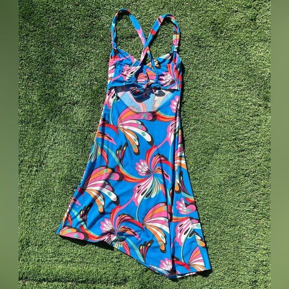 BCBG MAXAZRIA Blue Tropical Floral Asymmetrical Y2K Dress Size XS - Picture 4 of 7